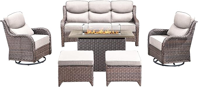 Luxury High Back Outdoor Furniture 6-Inch Thick Cushions with 50,000 BTU Gas Propane Fire Pit Tablet, Patio Furniture Set with Swivel Chairs, 6 PCS for Porch, Balcony, Deck and Yard