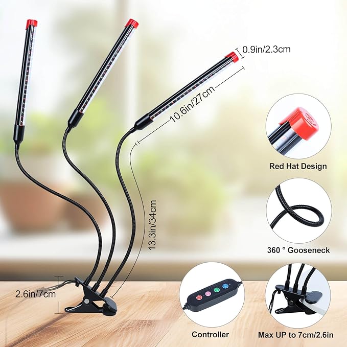 2Pack Clip Grow Lights for Seed Starting with Timer, Full Spectrum Brightest Plant Growing Lamps for Indoor Plants, Bonsai, Seedlings, 27 Watt Home Plug But Not 10W Adapter