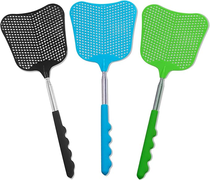 Fly Swatters 3 Pack, Durable Telescopic Stainless Steel Handle, Heavy Duty Bug Zapper Racket, Upgraded Plastic Fly Swatter Set for Indoor Outdoor Home Hiking Camping Garden, Blue Black Green