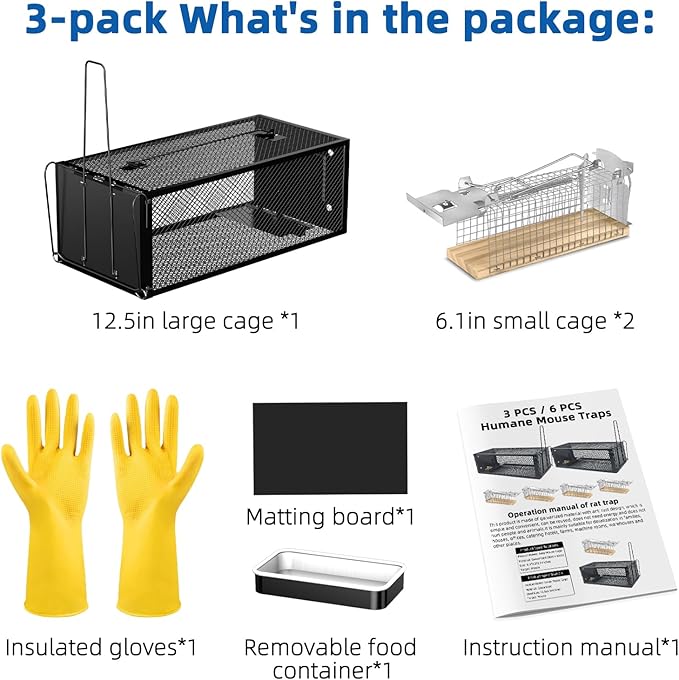 Humane Rat Traps - Large 12.5 Inches Upgraded Mouse Trap for Outdoors & Indoors - Reusable Rat Trap Cage for Mouse and Small Animals - Effective Quick Simple to Use (3-Pack)