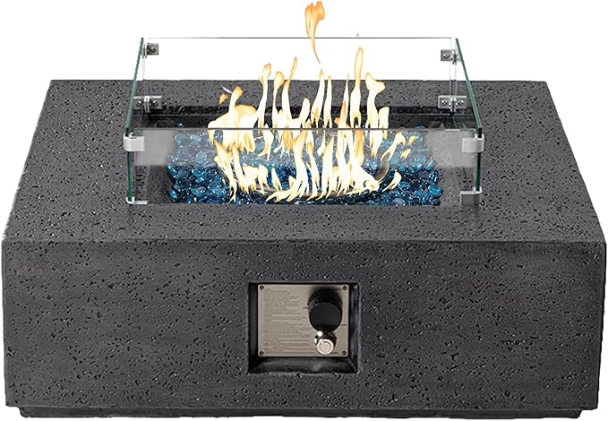 SUNBURY Outdoor Propane Burning Fire Pit, 35 inch Square Patio Fire Table 50,000 BTU Fire Pit for Outside with Waterproof Cover and Glass Stones, Light Gray