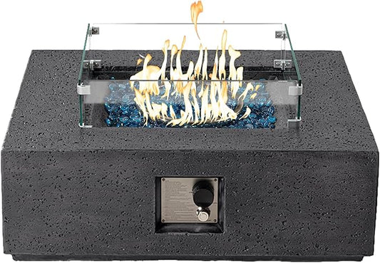 SUNBURY Outdoor Propane Burning Fire Pit, 35 inch Square Patio Fire Table 50,000 BTU Fire Pit for Outside with Waterproof Cover and Glass Stones, Light Gray