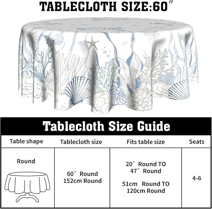 Giwawa Nautical Coastal Round Tablecloth 60 Inch, Ocean Sea Turtle Seahorse Coral Seaweed Starfish Washable Reusable Table Cover for Dining Room Party Picnic Dinner Decor