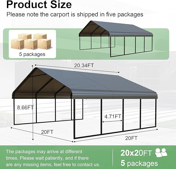 20x20 FT Black Carport Canopy Heavy Duty RV Metal Carports Kits for Garage,Aluminum Car Ports with Steel Shelter Frame Cover for 2 Car or Boats