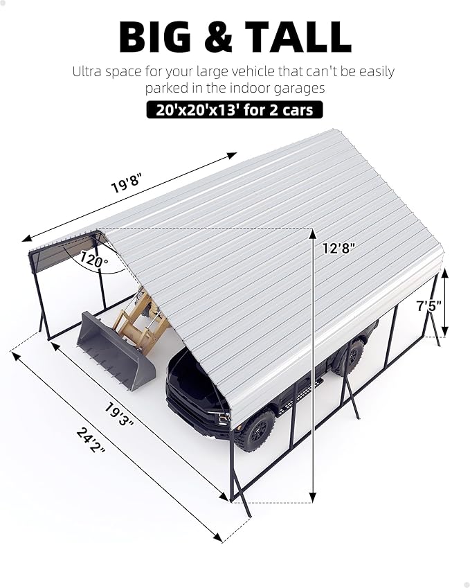 20'x20'x13' Metal Carport for 2 Cars, Heavy Duty Car Ports for Heavy Snow, Reinforced Frame, Tall Metal Car Ports for Bass Boats, Full-Sized Pickup Trucks, and Tractors, N.W. 800 Lbs