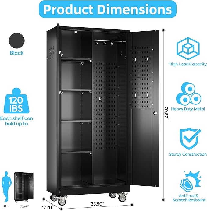 Broom Closet Storage Cabinet with Wheels and Pegboard,Garage Storage Cabinet with Lockable and Magnetic Doors,Adjustable Shelves for Garage Home Office,Required Assembly,17.7"D*33.5"W*70.87"H
