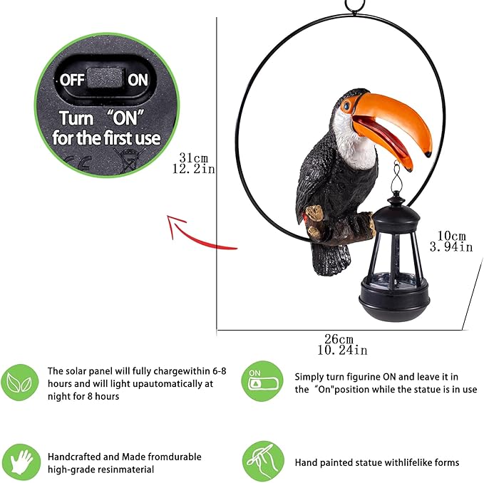 Solar Toucan Tree Hug Tree Decoration Hanging Garden Statue 12.5-inch Resin Tropical Animal Lawn Exotic Bird Sculpture for Lawn, Porch, Patio,Outdoors Decoration