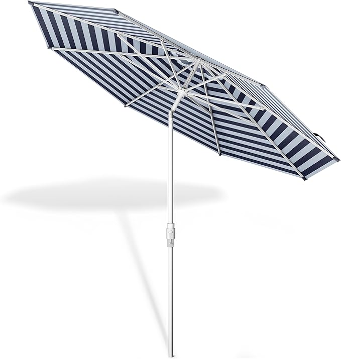 Midtown Umbrellas The Swilt 8 Feet Patio Umbrella in Terylast Navy Stripes (Navy/White) Polyester Fabric - Fiberglass Ribs, Auto-Tilt Aluminum Frame For Backyard, Deck, Garden, Pool - White Pole