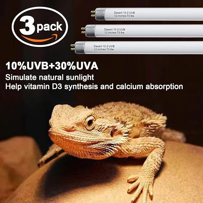 T5 10.0 UVB Reptile Light Bulb 8W 12 Inch, Desert Reptile UVB Bulb 8 Watt for Lizards, Bearded Dragons, Chameleons, Turtles, Tortoises 3 Pack