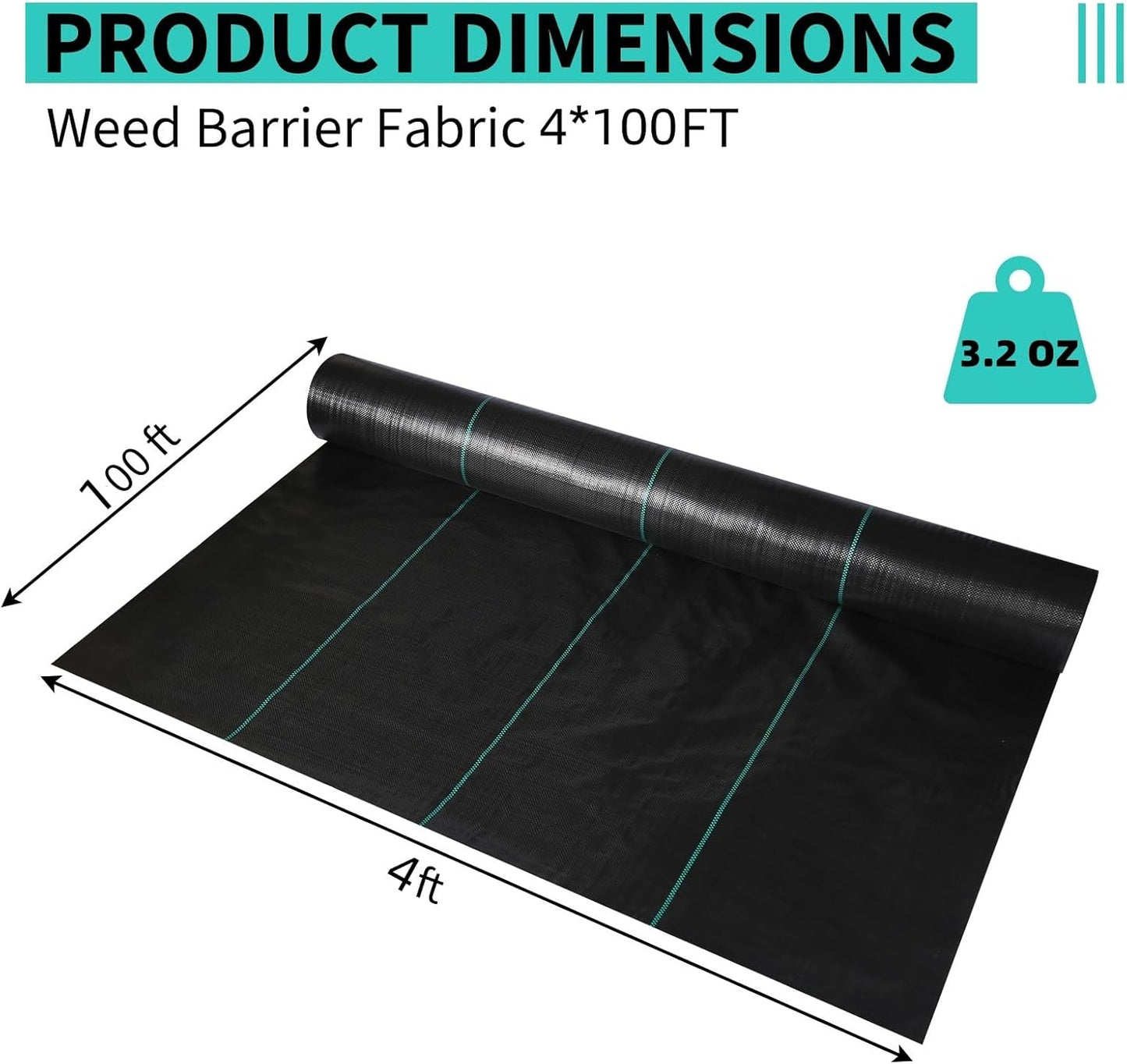 4x100 FT Weed Barrier Fabric,3.2 OZ Landscape Fabric,Heavy Duty PP Ground Cover for Gardening,Farming