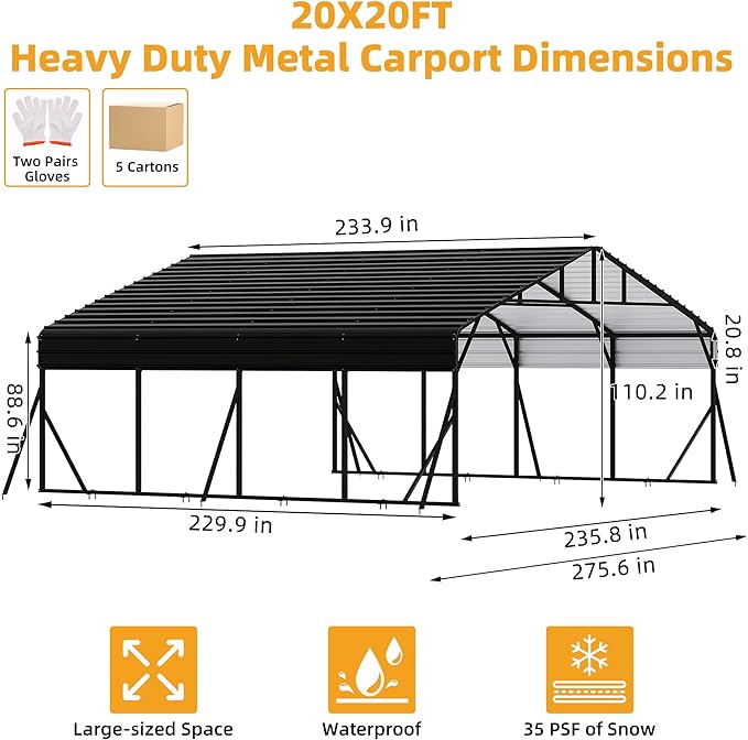 20' x 20' Heavy Duty Metal Carport with Galvanized Steel Roof, Tall MetalCarport Kits Garage for Tractors, Trucks, Boats, Cars, Heavy Duty Metal Roof Carport with Enhanced Base