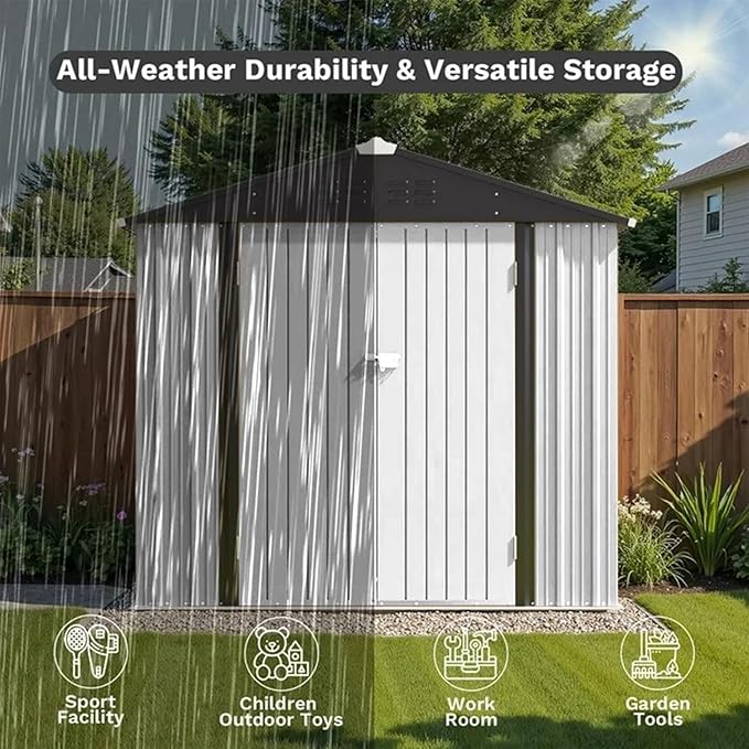 Greesum 8×6FT Outdoor Storage Shed, Metal Patio Storaged Sheds with Lockable Doors, Sheds & Outdoor Storage for Bike, Backyard, Pool and Garden, White