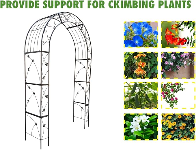 Metal Garden Arch, Garden Arch Trellis for Climbing Plants Outdoor, Garden Arbor for Weddings Party Events Decoration, 58" L X 19" W X 98.4" H, Black