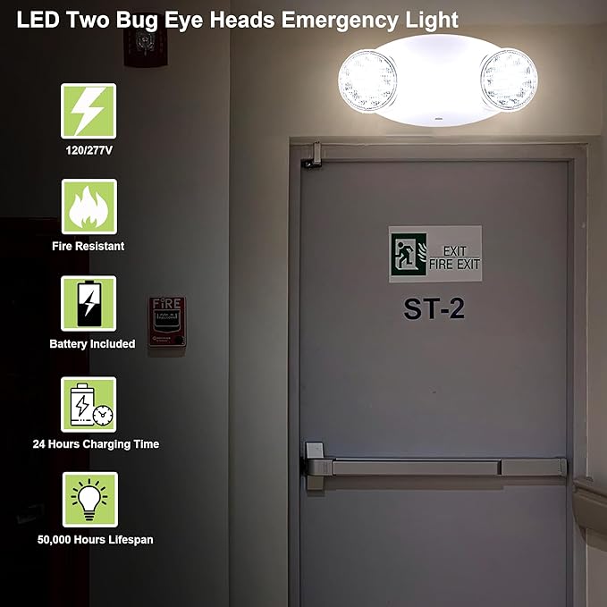 LIT-PaTH LED Emergency Lighting Fixtures with 2 LED Bug Eye Heads and Back Up Batteries- US Standard Exit Light, UL 924 and CEC Qualified, 120/277 Voltage, White, 2-Pack