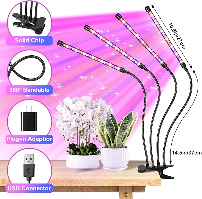 Indoor Plant Grow Light, 80 LED Black 4-Tube Lamp with Full Spectrum Red/Blue/Yellow, 6/12/16H Timer, 10-Level Dimmable, Flexible Gooseneck, 3 Spectral Modes