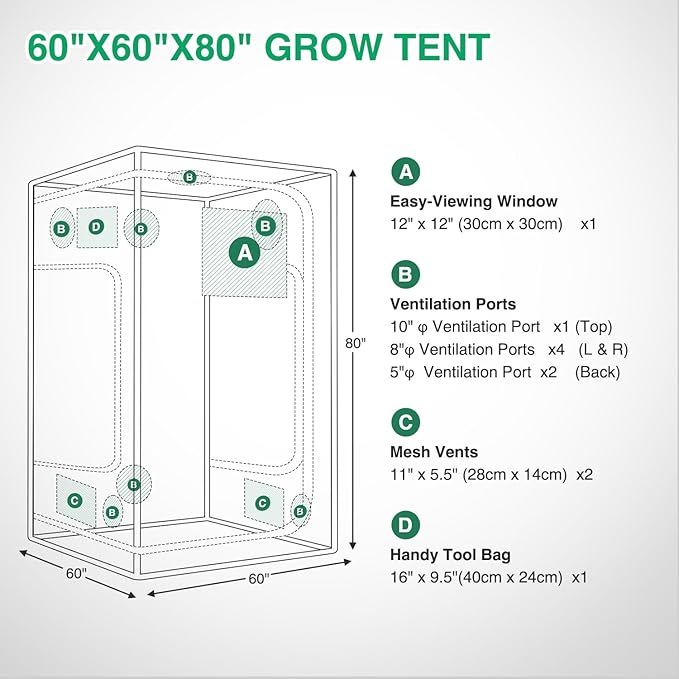 Yesker 5x5 Grow Tent 60"x60"x80" High Reflective Mylar Large Indoor Growing Tents 600D Oxford Cloth with Observation Window and Removable Floor Tray for Hydroponics Indoor Plants Fruit Flower Growing