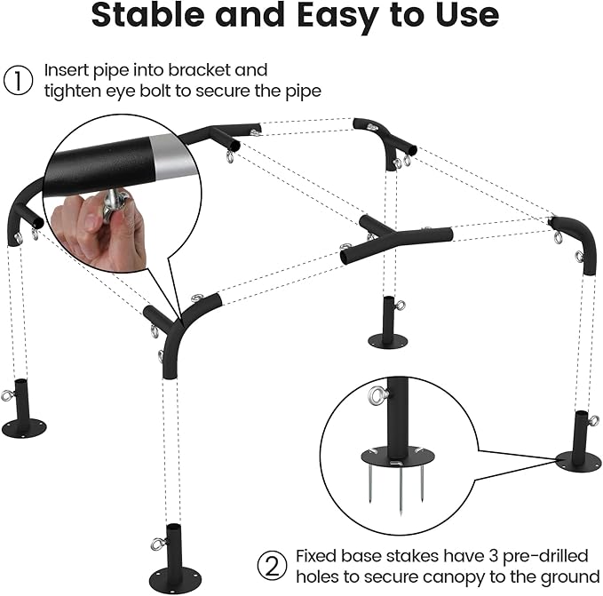 1 3/8'' Canopy Fittings for 4 Leg Carport Frame Parts, Black Canopy Pipe Fittings with Eye Bolts, Carport Frame Kit Low Peak Connectors with 156 Degree Angle(10Pcs)