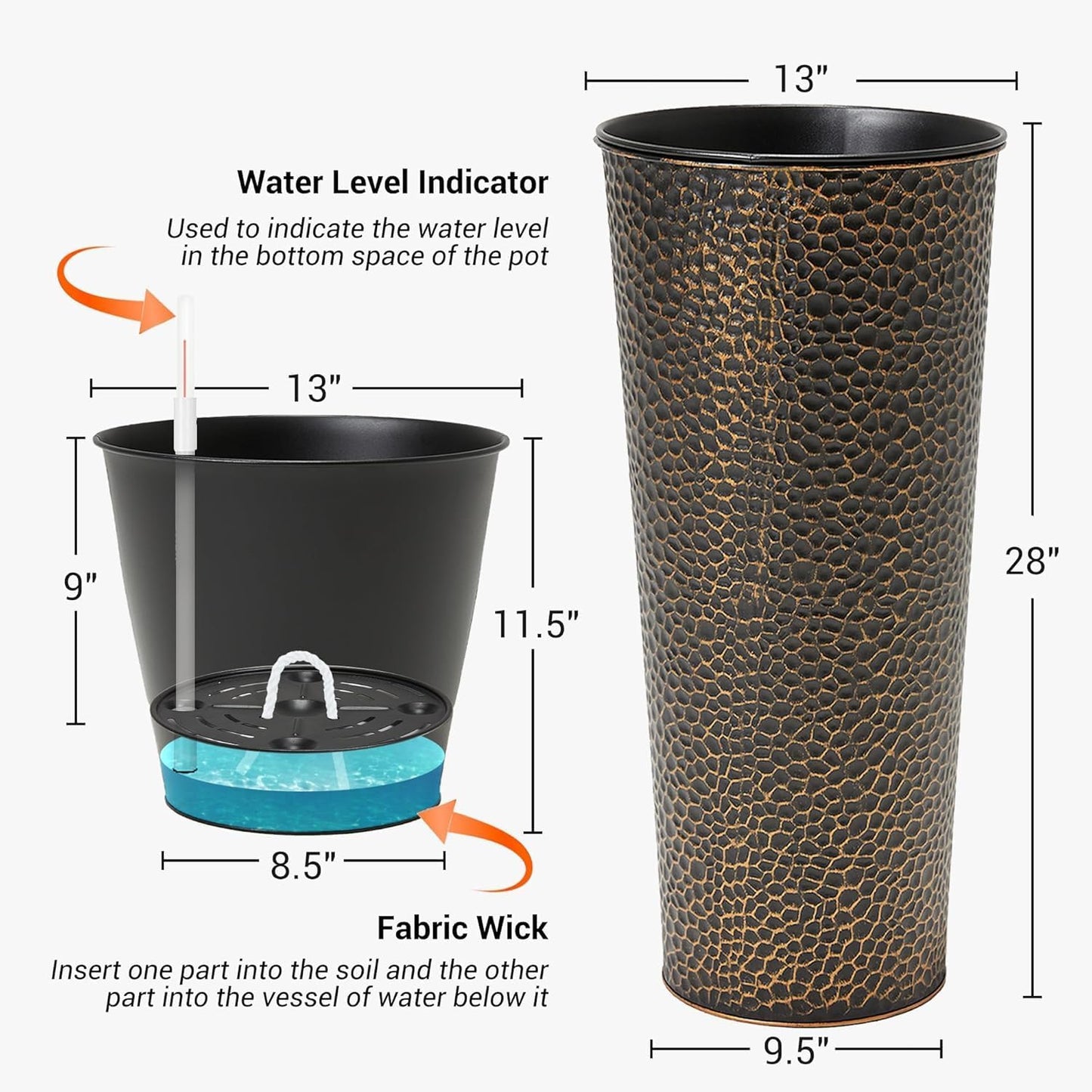 Worth Garden 2-Pack 28" H. Metal Planters with 2X Inside Pots - Hand-Hammered Texture Tall Narrow Cone Plant Pots - Large Handcrafted Bronze Flower Pot for Indoor Outdoor, Deck, Patio, Front Porch