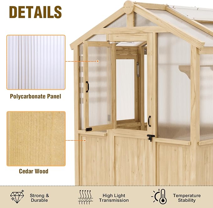EAGLE PEAK 6.7x6x7.7 ft Wood and Polycarbonate Walk-in Greenhouse, Cedar Hobby Green House with Roof Vent, Natural