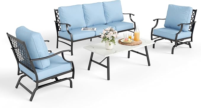 Patio Furniture Set 4 pcs, Outdoor Patio Furniture, 3-Seat Sofa, 2 Rocking Chairs, Metal Coffee Table and 5.75" Extra Thick Cushion, Patio Conversation Set for Garden Backyard Deck,Blue