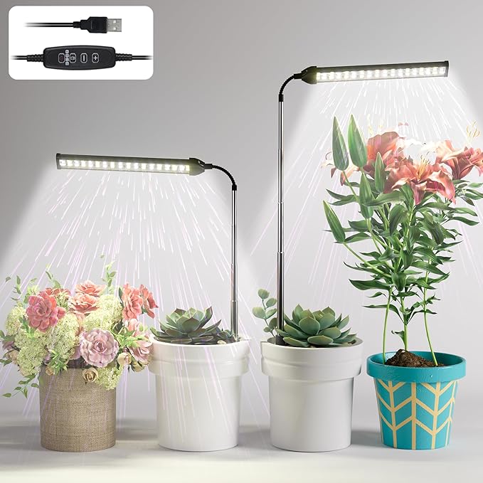 LED Grow Light 2 Pack, 6000K White Full Spectrum 144 LED Gooseneck Growing Lamp for Indoor Plants Growth,4 8 12 18Hrs Timer & Brightness Changeable,Insert Pole Extendable 4-10''