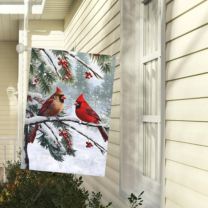 Winter Cardinal Bird Garden Flag Red Bird Pine Twigs Yard Flag Double Sided Polyester Holly Berry Snow Seasonal House Banner for Outdoor Farmhouse Christma Holiday Decor 28 x 40 Inch