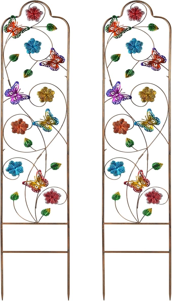 2-Pack Metal-Garden-Trellis Plant-Support-Trellises Outdoor-Decoration Arched-Fence-Trellis - for Climbing Plants Patio Lawn Yard Backyard Wall Brackets 60'' H x 12'' W Colorful Butterfly