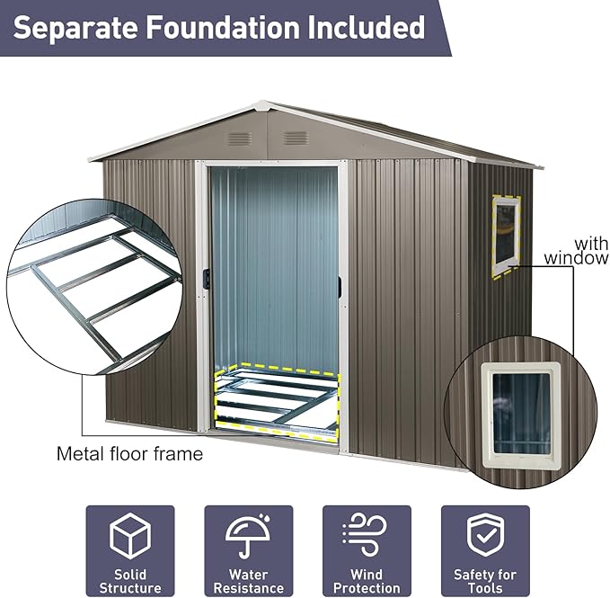 6x8 FT Outdoor Storage Shed, Metal Garden Shed with Frame Floor, Outside Tool Shed with Window, Waterproof Storage Building with Lockable Sliding Doors & Sloped Roof for Backyard, Patio, Gray