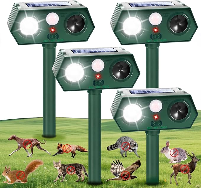 2025 Racoon Squirrel Sonic Fortress Pro Rabbit Repellent Outdoor, Solar Ultrasonic Animal Repeller Deer Deterrent with Motion Sensor&Flash Light to Scare Cat Dog Skunk Out of Garden Farm Yard(4Pack)