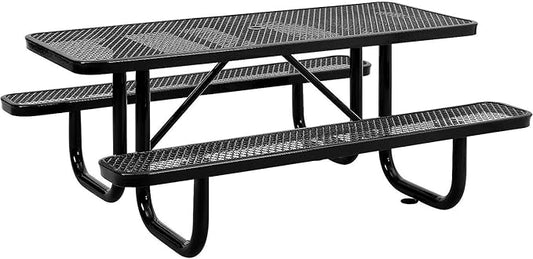 Global Industrial 6’L Rectangular Picnic Table, Expanded Metal, Black Thermoplastic Coating, Attached Benches, 1-1/2” Umbrella Pole Hole, Outdoor-Rated, 1000 lb Capacity, 72” x 30” Tabletop