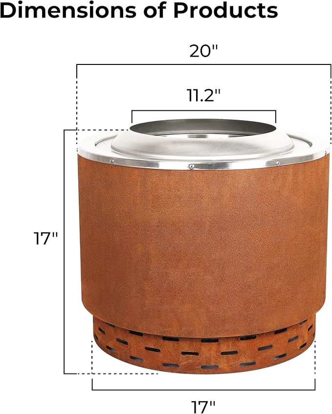 KOL 20" Dia Smokeless Fire Pit Outdoor with Pre-Rusted Finish, 16 Gauge Corten Steel & 201 Stainless Steel Wood Burning Firepit, Backyard Patio Rotary Flame Stove with Removable Ash Pan