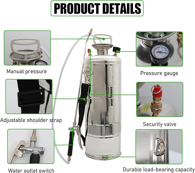 1.5 Gallon Stainless Steel Sprayer Hand Pump Sprayer with Pressure Gauge Safety Valve Adjustable Nozzle for Gardening Lawn and Cleaning
