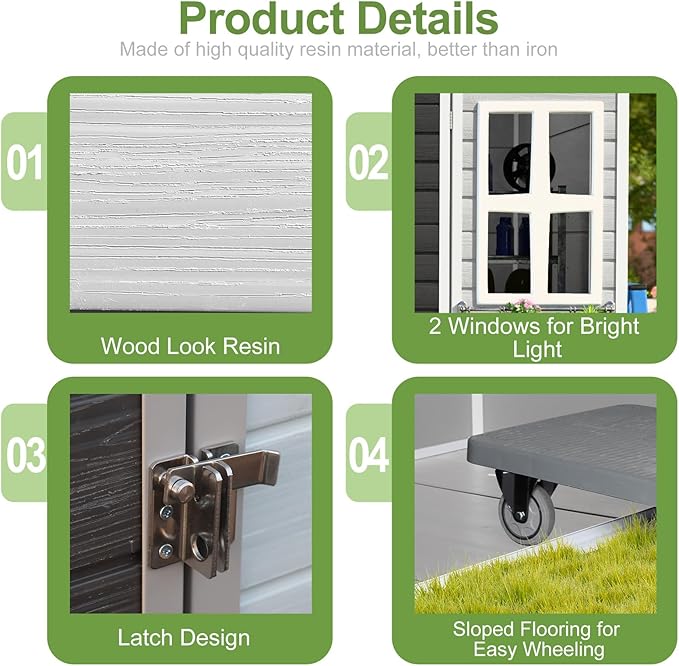 8x4x6 FT Resin Lean to Shed, Waterproof Outdoor Storage Shed with Floor, Window, Lockable Door & 2 Windows, Tool Shed for Patio Garden, Lawn, Backyard, Dove Grey