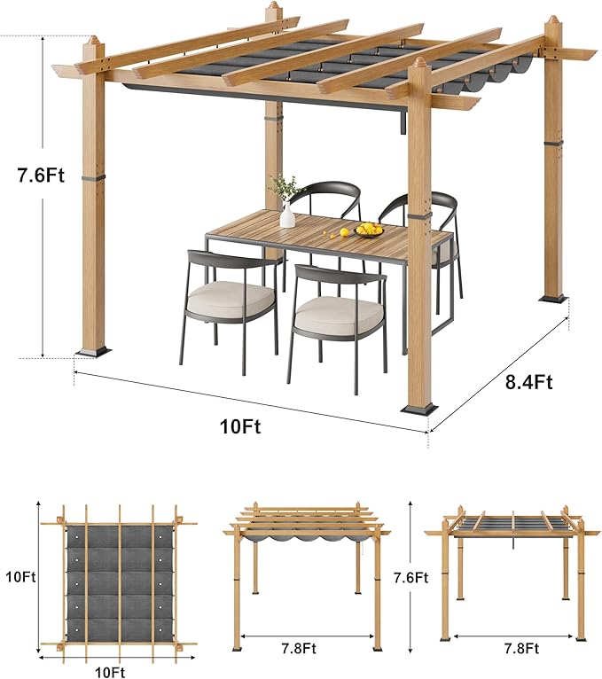 10x10 Ft Outdoor Retractable Pergola with Adjustable Roof Modern Metal Patio Gazebo, Upgraded Faux Wood Grain Aluminum Pergola for Deck, Backyard Gardens, Porches, Grapevines, Grey