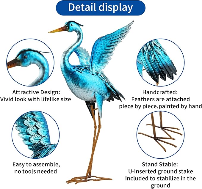 Garden Crane Statues for Outdoor Blue Heron Metal Birds Yard Art Ornaments for Backyard Pond Patio Porch Outside Decorations
