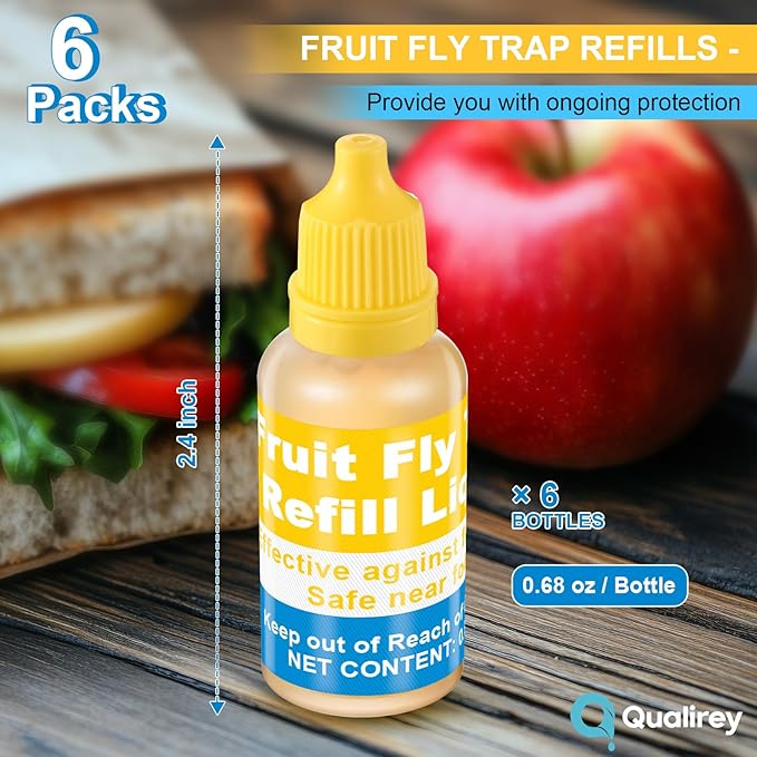 Qualirey Fruit Fly Trap for Indoor and Kitchen Use, 0.68 oz Each Bottle Fruit Fly Trap Refill Liquid, Ready to Use, Safe Near Food, Efficient Lure Refill Liquid, Yellow(6 Pack)