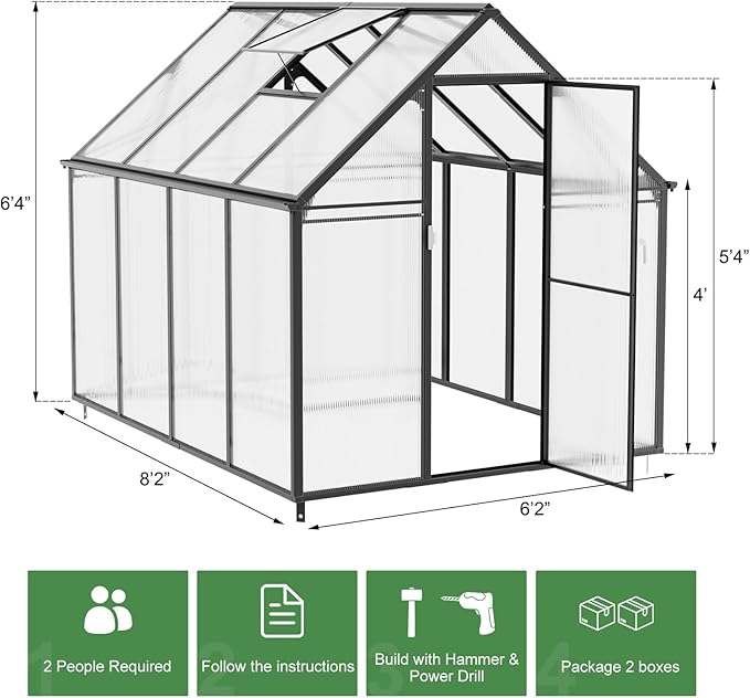Polycarbonate Greenhouse Kit,8x6x6 FT Outsides Heavy Duty Green House with Transparent Panels Windows Door for Backyard Garden, Outside Walk in Plant Greenhouses,Black Thick Frame