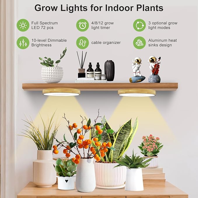 Grow Light for Indoor Plants, 216 LEDs Full Spectrum Halo Plant Light with Auto On/Off Timer (4/8/12H), 10-Level Dimmable, 3 Lighting Modes for Small Plants, Bamboo (6.3 inch Tri Head)