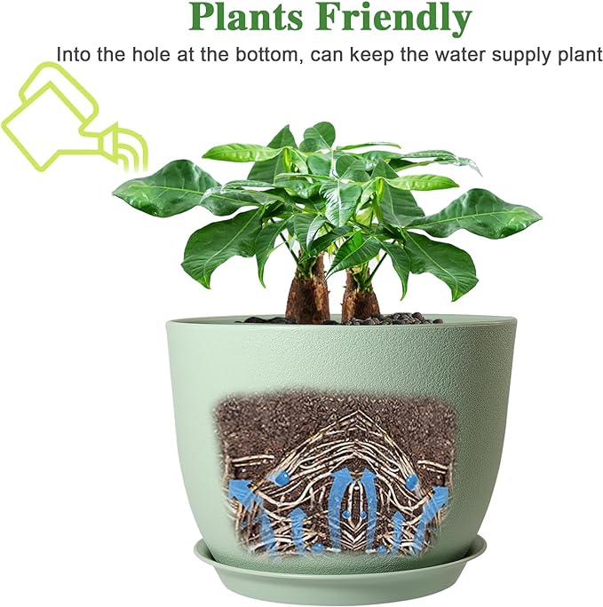 12/10/9 Large Modern Plant Pots, Plastic Planters with Drainage Holes and Saucers for Indoor Outdoor Plants Flowers, Green
