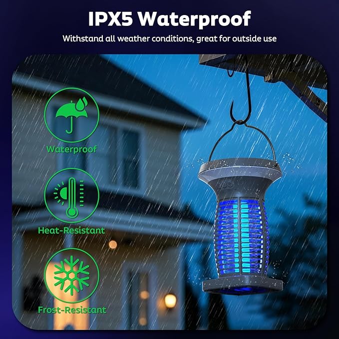 Solar Bug Zapper Outdoor, Mosquito Zapper Outdoor Waterproof Electric Fly Zapper Rechargeable Mosquito Killer with Solar Panel, 4200V Fly Trap Indoor for Home Backyard, Patio, Garden, Camping