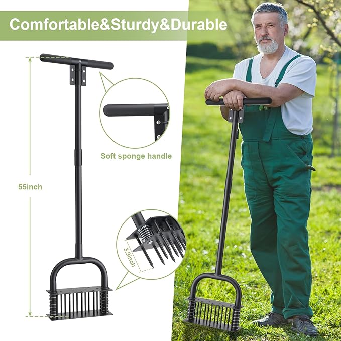 Lawn Aerator,55 inch Long Aerator Lawn Tool,Save Labour Core Aerator with 14 Steel Spikes,Manual Push Grass Aerator for Lawn and Garden,Yard