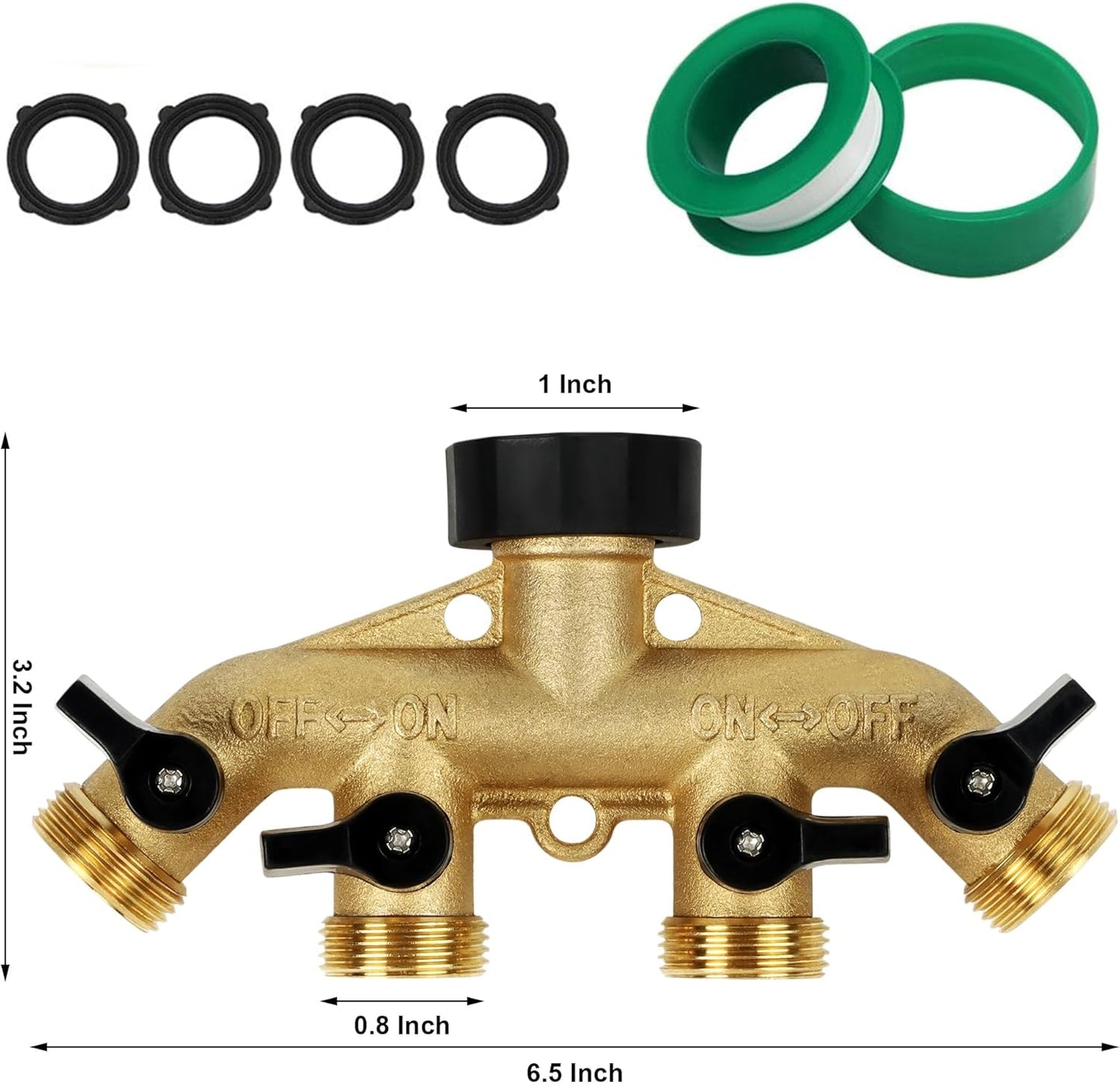 4 Way Brass Hose Splitter, 3/4" Brass Hose Faucet Manifold, Garden Hose Adapter Connector
