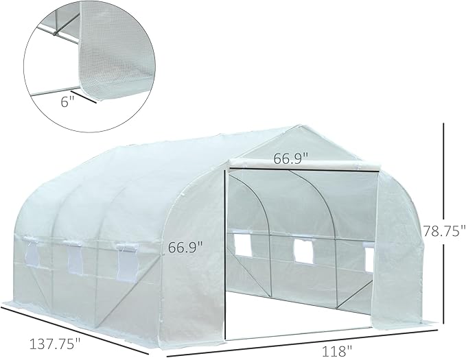 Outsunny 11.5' x 10' x 6.5' Outdoor Walk-in Greenhouse, Tunnel Green House with Roll-up Windows, Zippered Door, PE Cover, Heavy Duty Steel Frame, White
