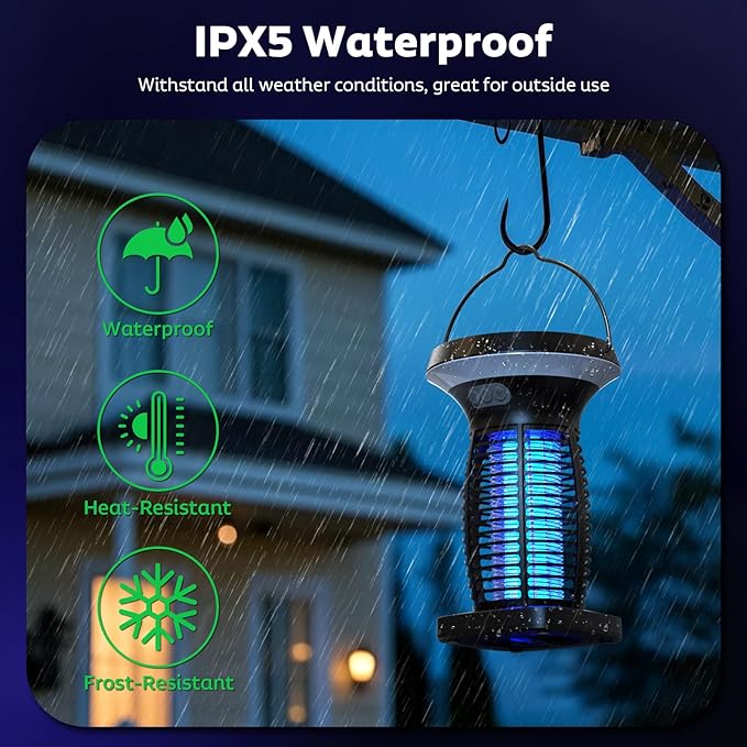 Solar Bug Zapper Outdoor, Mosquito Zapper Outdoor Waterproof Electric Fly Zapper Rechargeable Mosquito Killer with Solar Panel, 4200V Fly Trap Indoor for Home Backyard, Patio, Garden, Camping