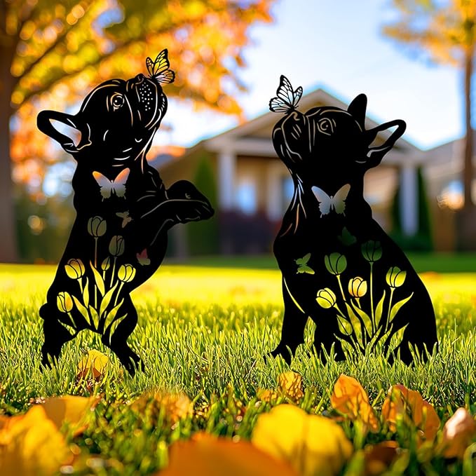 Metal Dog Garden Decor for Outside, French Bulldog Gift for Dog Lovers, Rust Proof Metal Black Silhouette Decorative Garden Stakes for Yard, Patio, Lawn Decorations, Outdoor Decor Yard Art