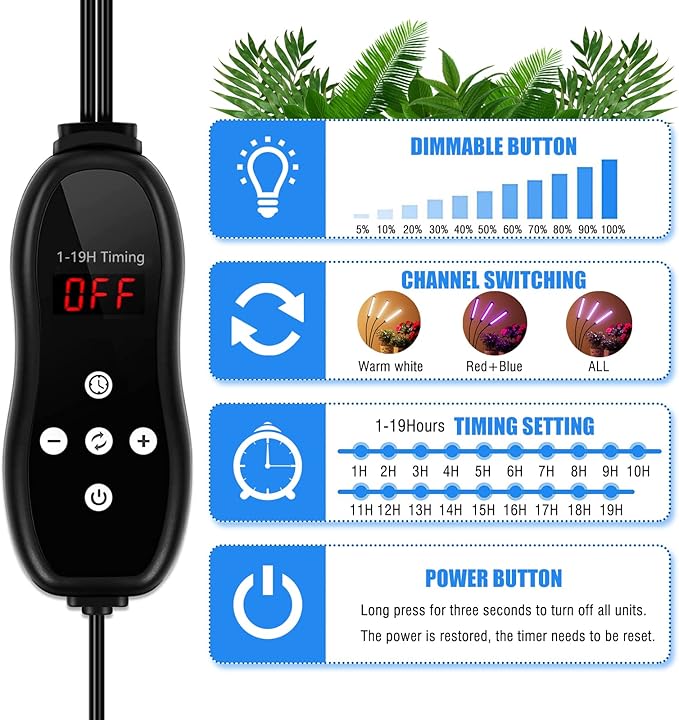 Grow Lights for Indoor Plants 5 Heads, Full Spectrum Plant Lights for Indoor Growing with Tripod Stand, Auto On/Off Timing 1-19H, LED Grow Lights for Indoor Plants. (5 Wide Heads)