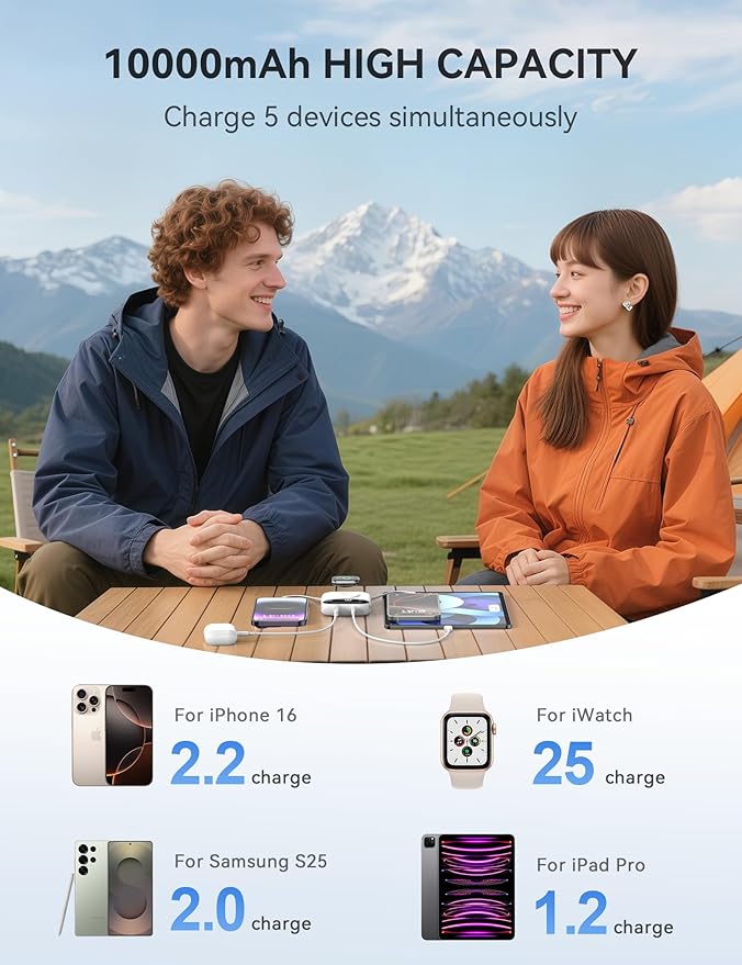 Portable Power Bank, 10000mAh 22.5W Fast Charging Phone Charger with Built-in Cables, Travel Essential Battery Pack with LED Display, Keychain Battery Bank for iPhone, iWatch 10/9/8/7/6/SE/5/4 White