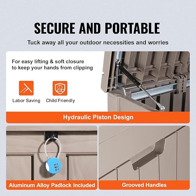 VEVOR Deck Box, 120 Gallon Outdoor Storage Box, 56.3" x 26.6" x 23.8", Waterproof PP Deckbox with Aluminum Alloy Padlock, for Patio Furniture,Garden Tools, Outdoor Cushions, Gray