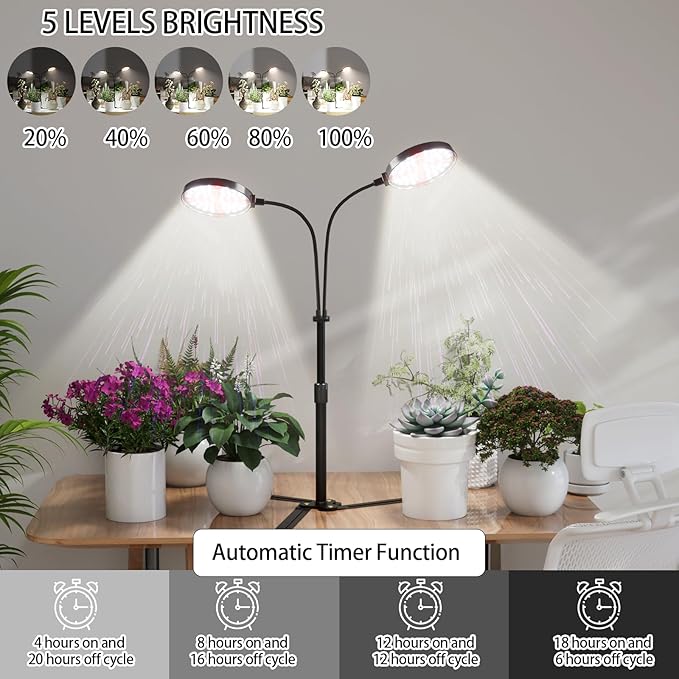 Grow Lights for Indoor Plant, 6000K Full Spectrum Plant Lights for Indoor Growing, 3.5'' LED Dual Ring Grow Light, Height Extendable 9-16'', Auto On Off Timing 4/8/12/18Hrs (Black)