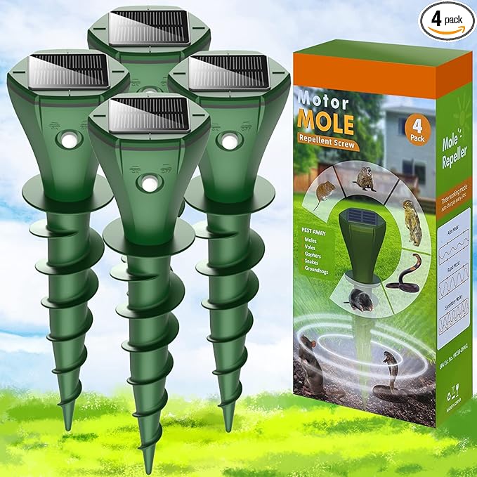 Mole Repellent Solar Powered, 4 Pack Solar Powered Mole Repellent, Groundhog Repellent for Outside, IP65 Waterproof Ultrasonic Vole Repeller Outdoor, Mole, Skunk Deterrent for Yard, Lawns, Garden